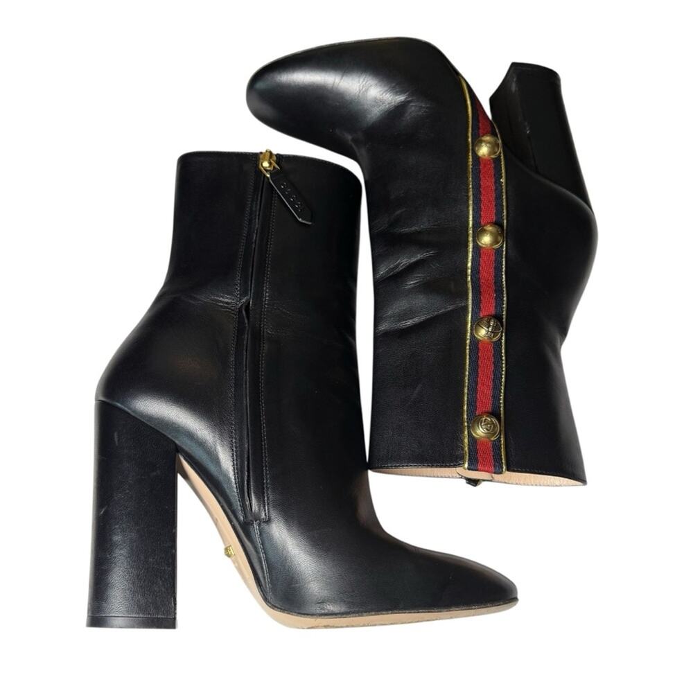 Gucci Malaga Kid Web Carly Leather Mid Calf Boots Gold Stud Side  EU 39/US 9 - Picture 7 of 15